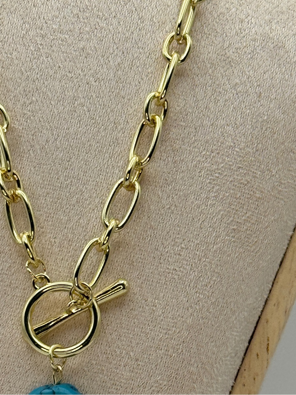 NWT 18K Gold Plated Link Chain Statement Toggle Necklace Turquoise  Pendant Boho - Picture 7 of 8